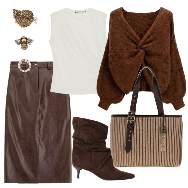 Outfit donna - Autunno fresco. Stile Casual chic per Ufficio. Abbinamento con stivali, accessori per capelli, maglieria, top, gonne longuette, borse a spalla.