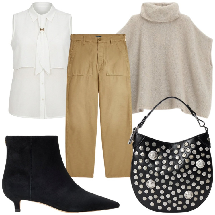Outfit donna - Total look #2486488. Stile Trendy per Tutti i giorni. Abbinamento con borse a mano, stivaletti, pantaloni, maglieria, camicie a manica corta.