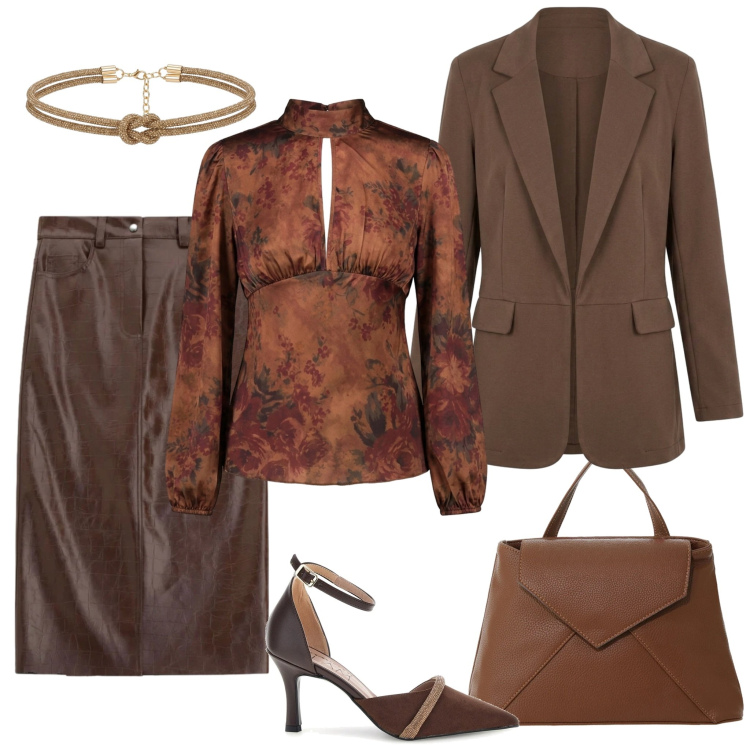 Outfit donna - Sfumature di marrone per una cena. Stile Chic per Serata fuori. Abbinamento con borse a mano, gonne longuette, bluse, blazer, cinture, décolleté.