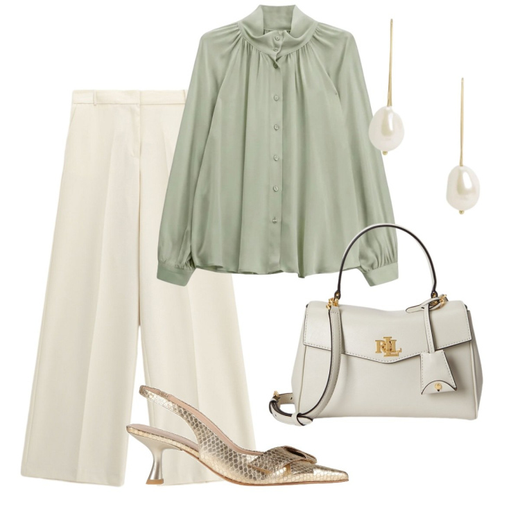 Outfit donna - Elegante. Stile Bon Ton per Cerimonia. Abbinamento con pantaloni a palazzo, camicie, borse a mano, orecchini, décolleté.