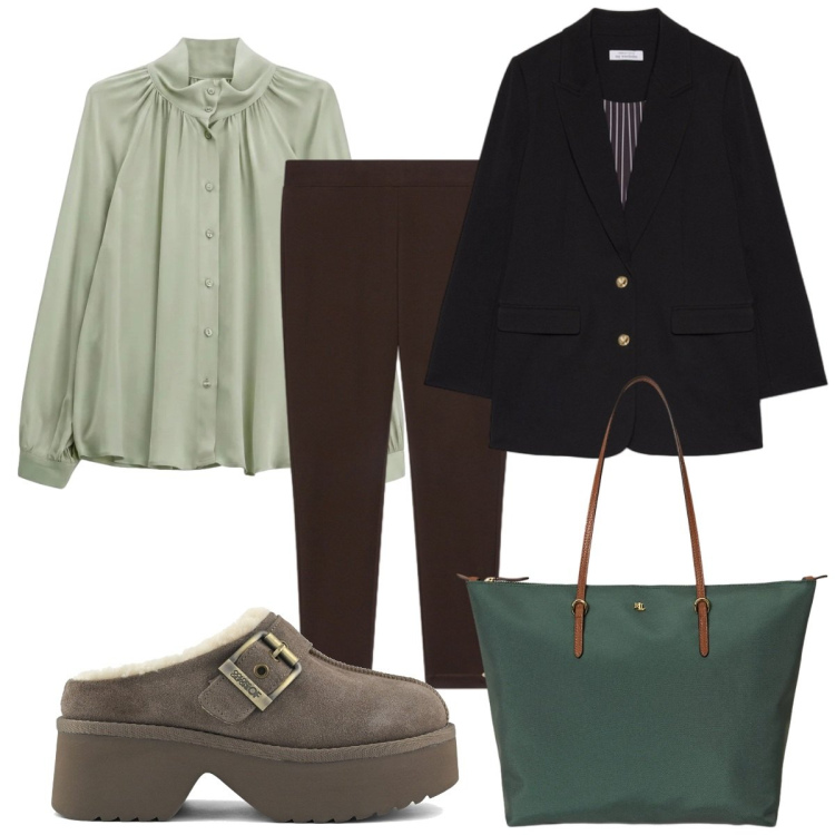 Outfit donna - Total look #2486496. Stile Trendy per Tutti i giorni. Abbinamento con camicie, blazer, leggings, borse tote, sabot.