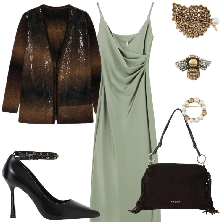 Outfit donna - Total look #2486498. Stile Trendy per Serata fuori. Abbinamento con vestiti midi/longuette, décolleté, borse a spalla, cardigans, accessori per capelli.