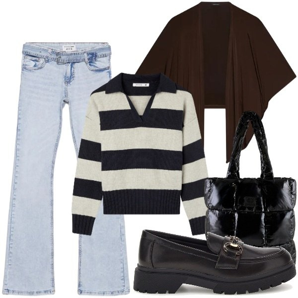 Outfit donna - Voglia di tepore. Stile Preppy per Scuola/Università. Abbinamento con blazer, shopping bag, maglieria, jeans a zampa, mocassini.