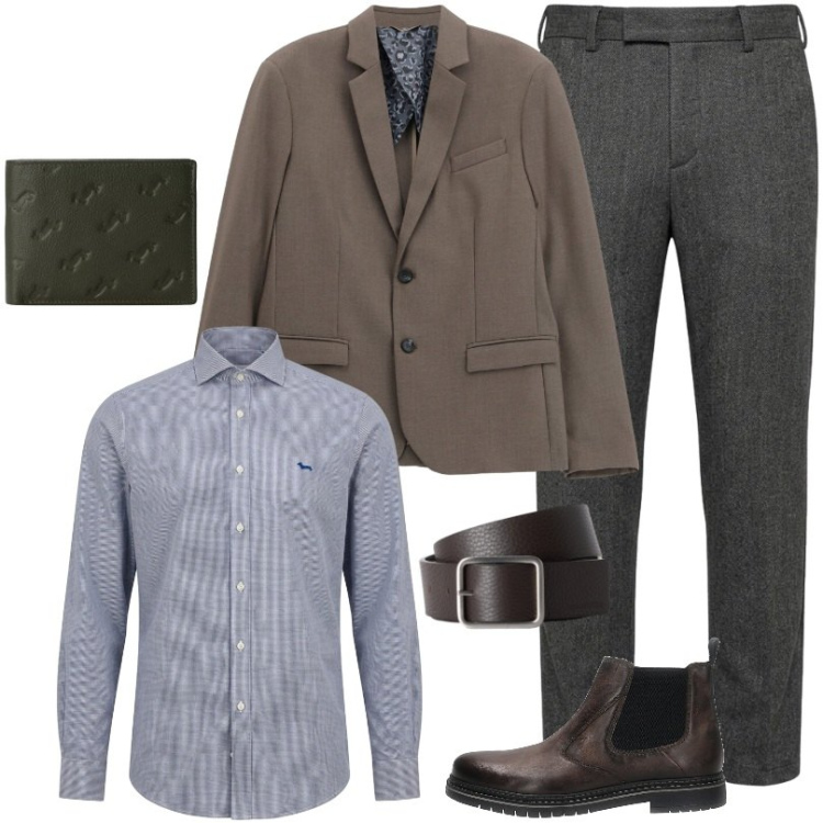 Outfit uomo - Stile e funzionalità. Stile Business/Elegante per Ufficio. Abbinamento con pantaloni, camicie, cinture, portafogli, giacche, stivali e stivaletti.