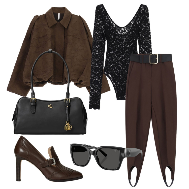Outfit donna - Ottobre. Stile Glamour per Tutti i giorni. Abbinamento con bomber, body, pantaloni, borse a mano, occhiali da sole, décolleté.