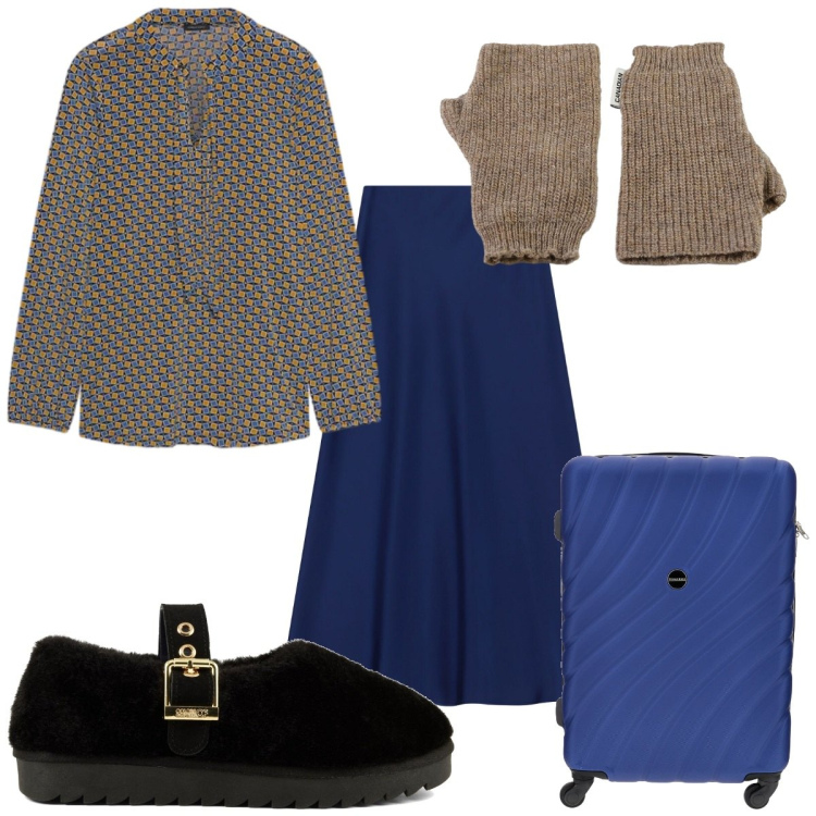 Outfit donna - Total look #2486516. Stile Casual per Tutti i giorni. Abbinamento con gonne lunghe, bluse, guanti, valigie, ballerine.