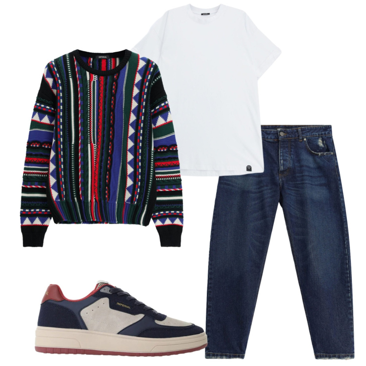 Outfit uomo - Maglia multicolor. Stile Casual per Tutti i giorni. Abbinamento con maglieria, sneakers, jeans, t-shirt.