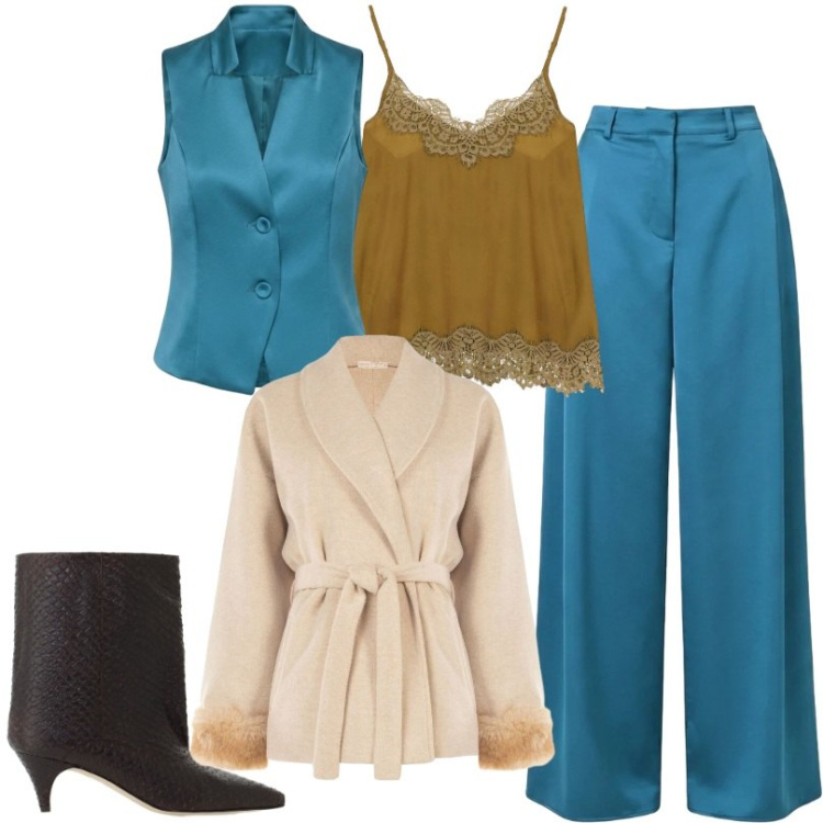 Outfit donna - Autunno. Stile Chic per Tutti i giorni. Abbinamento con pantaloni a palazzo, cappotti, gilet, top, stivali.