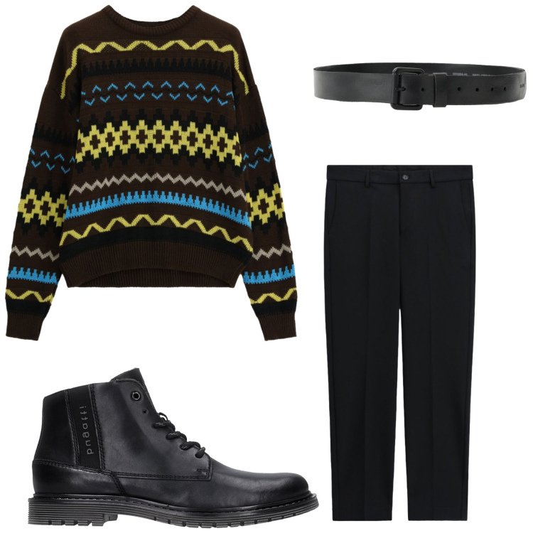 Outfit uomo - Nero e colori vari. Stile Casual per Tutti i giorni. Abbinamento con maglieria, cinture, pantaloni, stivali e stivaletti.