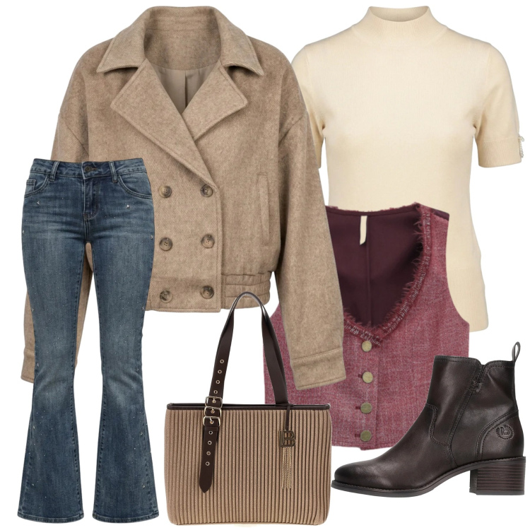 Outfit donna - Aperitivo Soft Rock. per Ufficio. Abbinamento con gilet, jeans a zampa, bomber, t-shirt, stivaletti, borse a spalla.