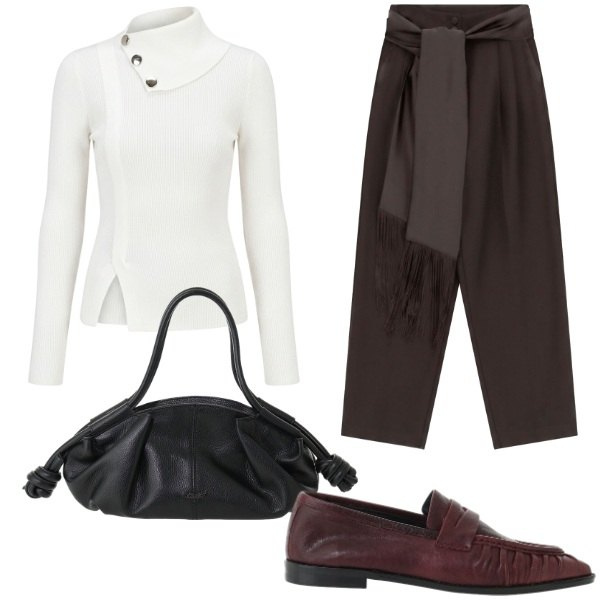 Outfit donna - Rich Espresso. Stile Glamour per Serata fuori. Abbinamento con pantaloni a palazzo, pullovers, mocassini, borse a mano.