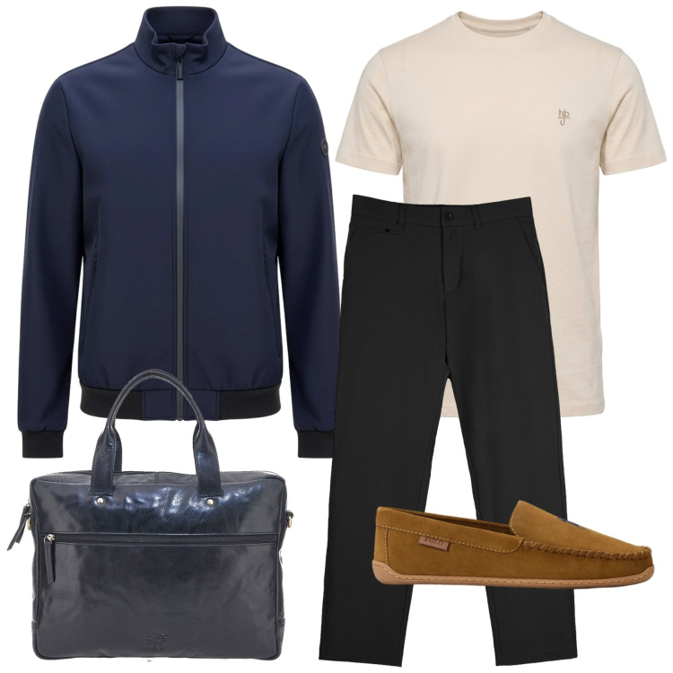 Outfit uomo - Casual in office. per Ufficio. Abbinamento con t-shirt, scarpe stringate, pantaloni chino, giacche, borse sportive.