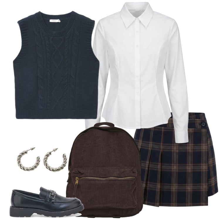 Outfit donna - Rory. Stile Preppy per Scuola/Università. Abbinamento con orecchini, minigonne, camicie, zaini, maglieria, mocassini.