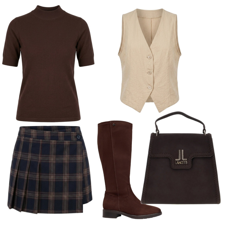 Outfit donna - Total look #2486557. Stile Preppy per Scuola/Università. Abbinamento con gilet, minigonne, t-shirt, stivali, borse a mano.