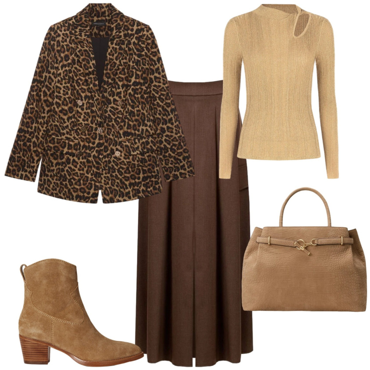 Outfit donna - Casual chic ufficio tempo libero. Stile Casual chic per Ufficio. Abbinamento con blazer, stivaletti, borse a mano, gonne lunghe, t-shirt.