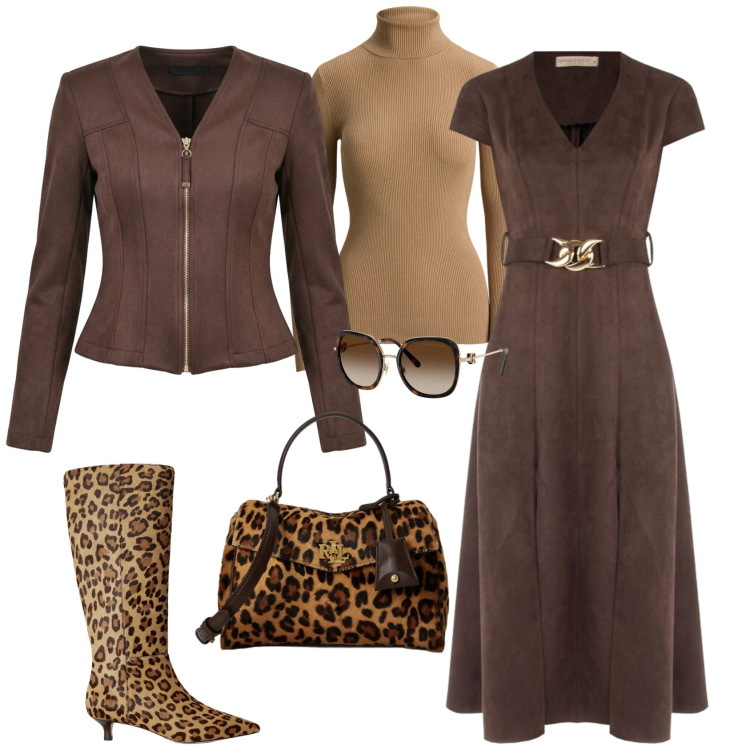 Outfit donna - Chic ufficio tempo libero. Stile Chic per Ufficio. Abbinamento con occhiali da sole, stivali, t-shirt, borse a mano, vestiti midi/longuette, blazer.
