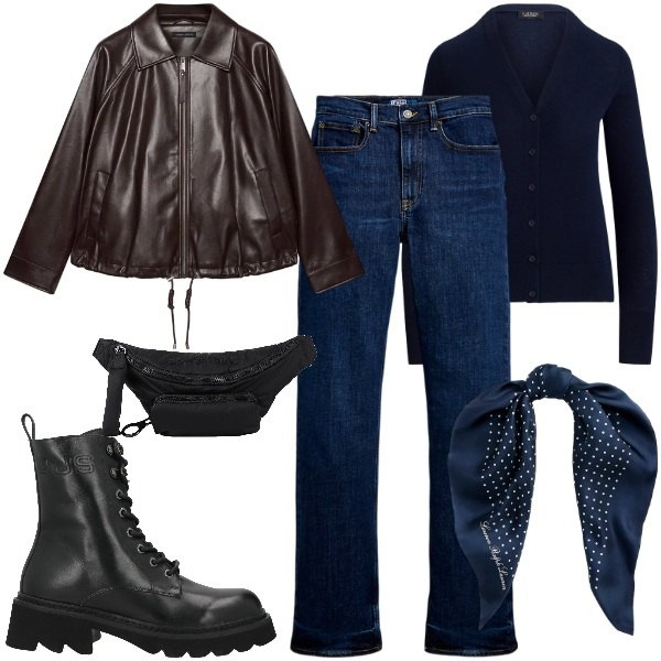 Outfit donna - Muoversi col motorino. Stile Rock per Tutti i giorni. Abbinamento con marsupi, stivaletti, giacche, foulard, jeans dritti, cardigans.
