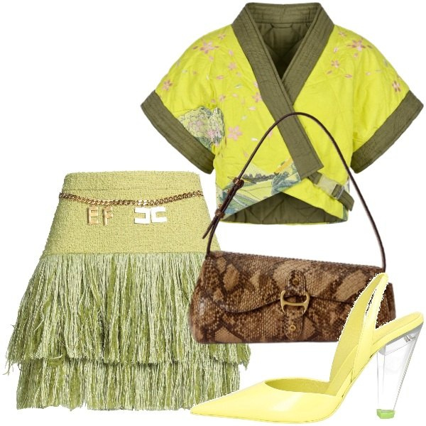 Outfit donna - Accostamenti audaci. Stile Glamour per Serata fuori. Abbinamento con borse a tracolla, kimono, minigonne, décolleté.