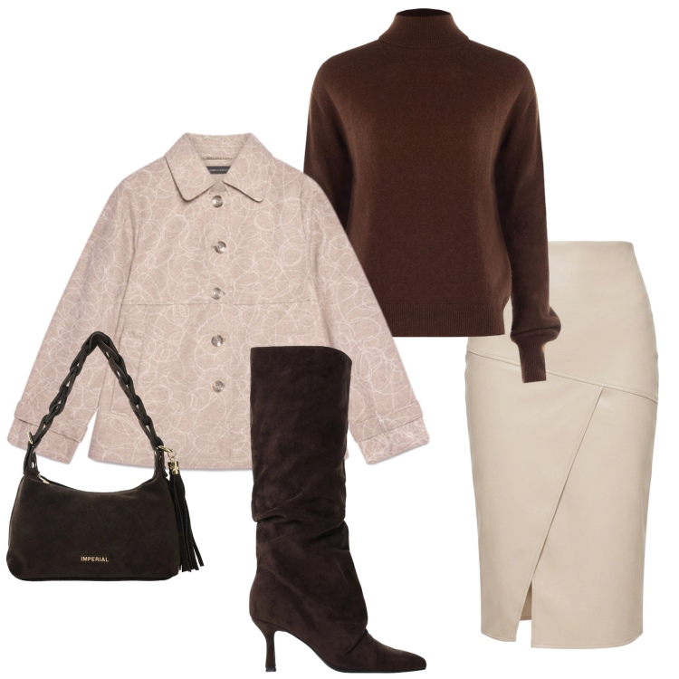 Outfit donna - Serata fuori. Stile Casual chic per Serata fuori. Abbinamento con borse a spalla, stivali, cappotti, gonne longuette, pullovers.
