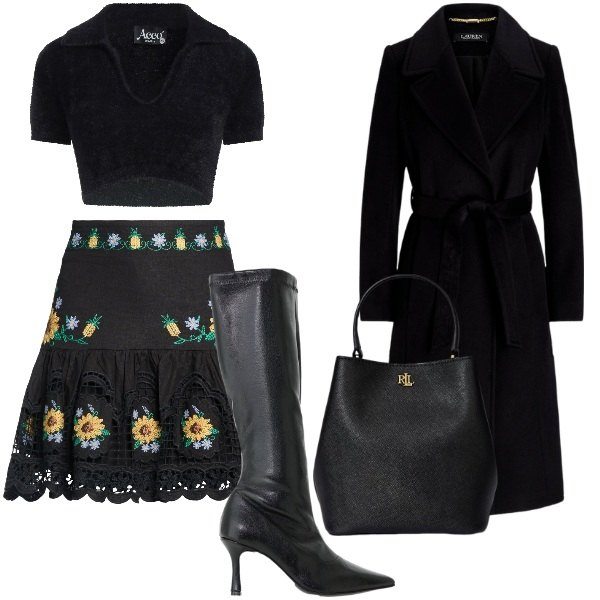 Outfit donna - Nero e margherite. Stile Trendy per Tutti i giorni. Abbinamento con stivali, cappotti, borse a secchiello, minigonne, pullovers.