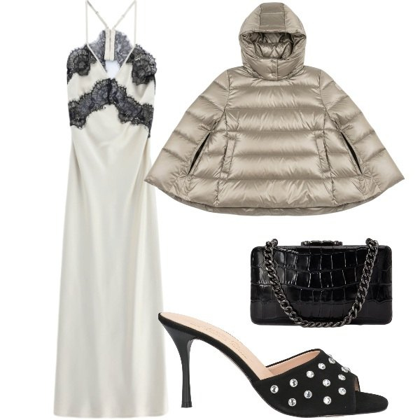 Outfit donna - Mantellina imbottita su abito in satin. Stile Glamour per Serata fuori. Abbinamento con sandali in pelle, vestiti lunghi, clutch, piumini.