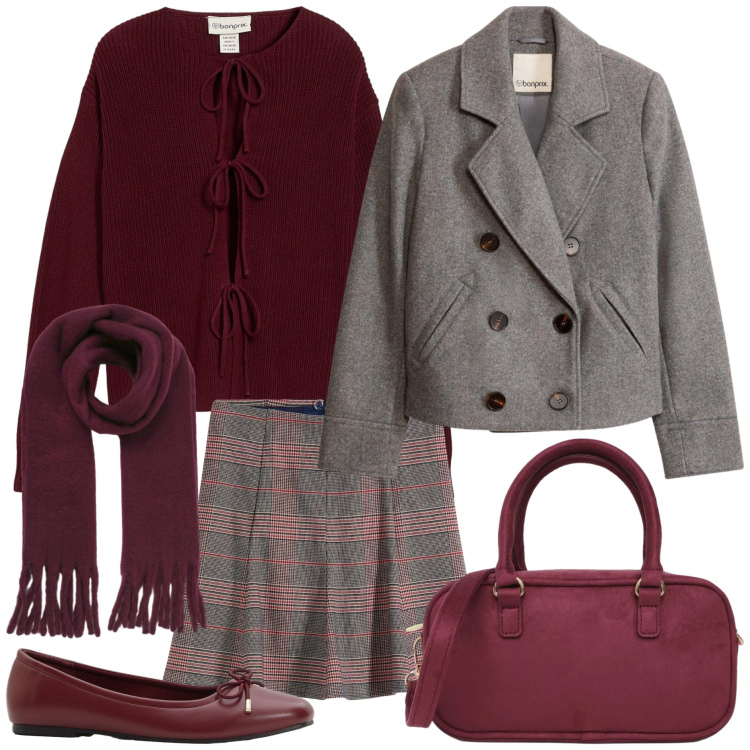 Outfit donna - Stile Preppy autunnale. Stile Preppy per Tutti i giorni. Abbinamento con cardigans, minigonne, ballerine, blazer, borse a tracolla, sciarpe.