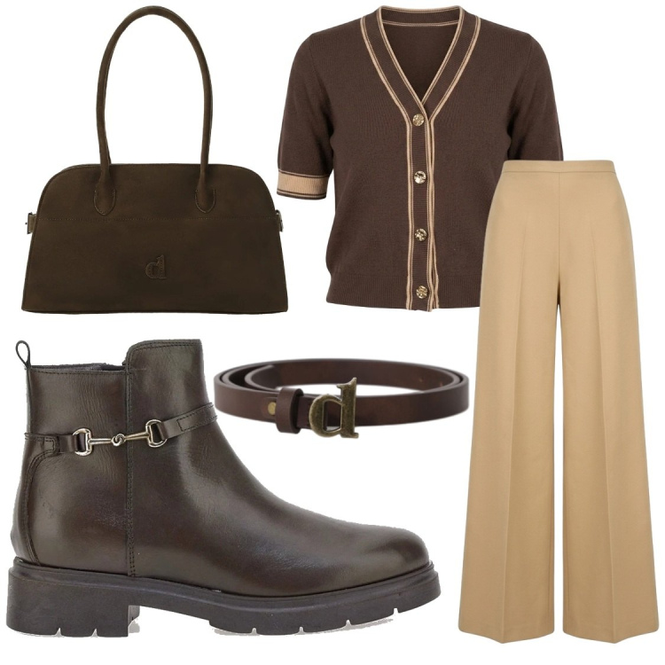 Outfit donna - Rich espresso e cream warmth. Stile Casual per Tutti i giorni. Abbinamento con borse a spalla, cinture, cardigans, pantaloni a palazzo, stivaletti.