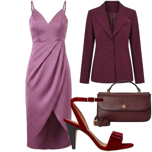 Outfit donna - Matrimonio inizio ottobre. Stile Chic per Cerimonia. Abbinamento con borse a mano, sandali col tacco, vestiti asimmetrici, blazer.