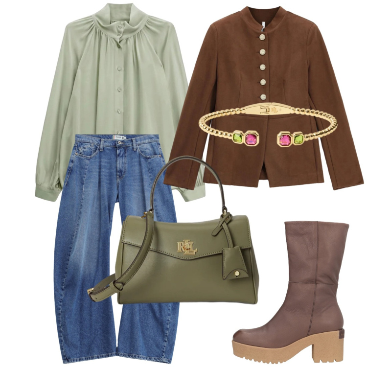 Outfit donna - Total look #2486602. Stile Casual chic per Tutti i giorni. Abbinamento con camicie, blazer, jeans, borse a mano, braccialetti, stivaletti.