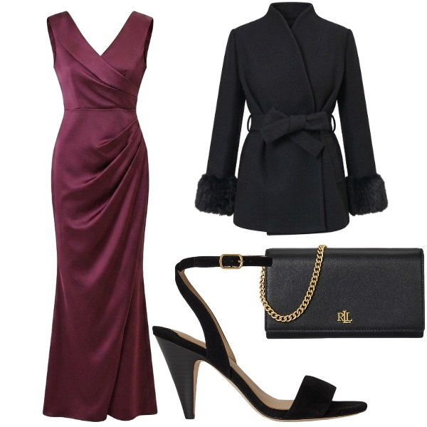 Outfit donna - Ricevimento serale elegante. Stile Chic per Cerimonia. Abbinamento con sandali in pelle, borse a tracolla, vestiti lunghi, cappotti.