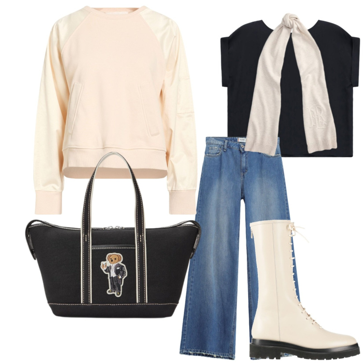 Outfit donna - Total look #2486605. Stile Urban per Tutti i giorni. Abbinamento con t-shirt, borse tote, sciarpe, jeans dritti, felpe, stivali.