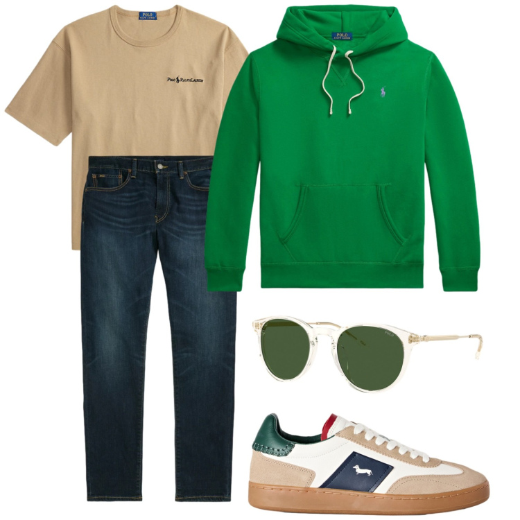 Outfit uomo - Total look #2486606. Stile Urban per Tutti i giorni. Abbinamento con sneakers, t-shirt, felpe con cappuccio, occhiali da sole, jeans.