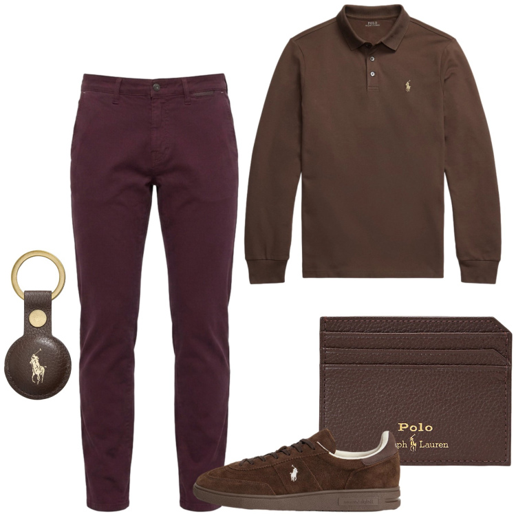 Outfit uomo - Total look #2486617. Stile Trendy per Ufficio. Abbinamento con pantaloni, portafogli, sneakers, polo, portachiavi.