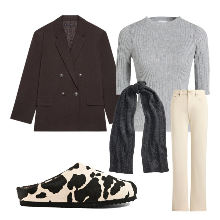 Outfit donna - Giorno dopo giorno curvy. Stile Glamour per Tutti i giorni. Abbinamento con blazer, jeans dritti, sciarpe, pullovers, sabot.