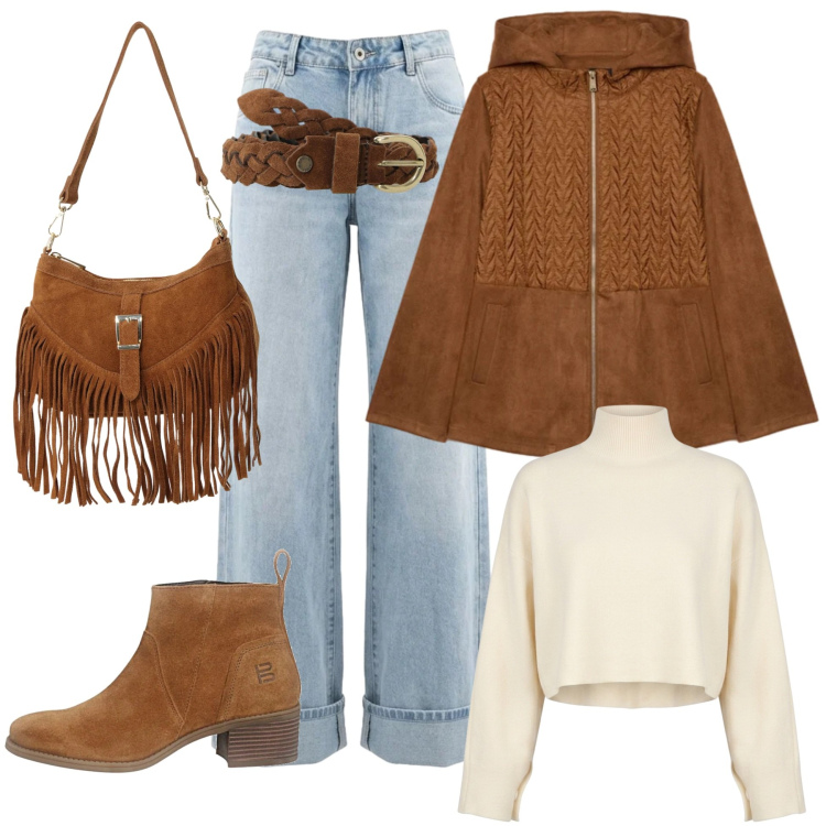 Outfit donna - Caldamente autunnale. Stile Casual chic per Tutti i giorni. Abbinamento con borse a spalla, cinture, blazer, jeans, maglieria, stivaletti.