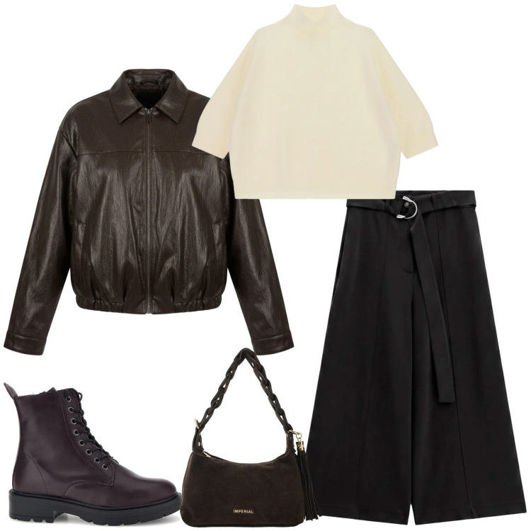 Outfit donna - Total look #2486655. Stile Minimal per Tutti i giorni. Abbinamento con pantaloni a palazzo, maglieria, borse a spalla, bomber, anfibi.