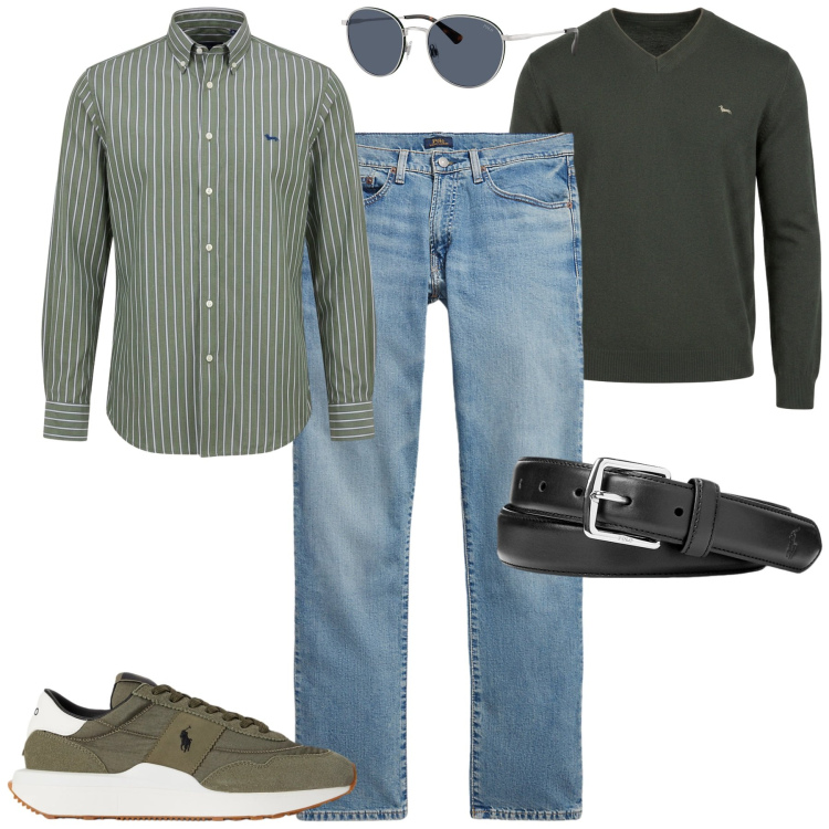 Outfit uomo - Ottobre. Stile Casual per Tutti i giorni. Abbinamento con camicie, maglieria, cinture, jeans, occhiali da sole, sneakers.