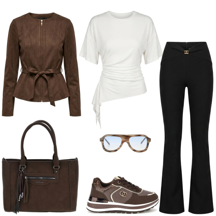 Outfit donna - Total look #2486662. Stile Sporty chic per Ufficio. Abbinamento con occhiali da sole, pantaloni, blazer, maglieria, sneakers, borse a spalla.