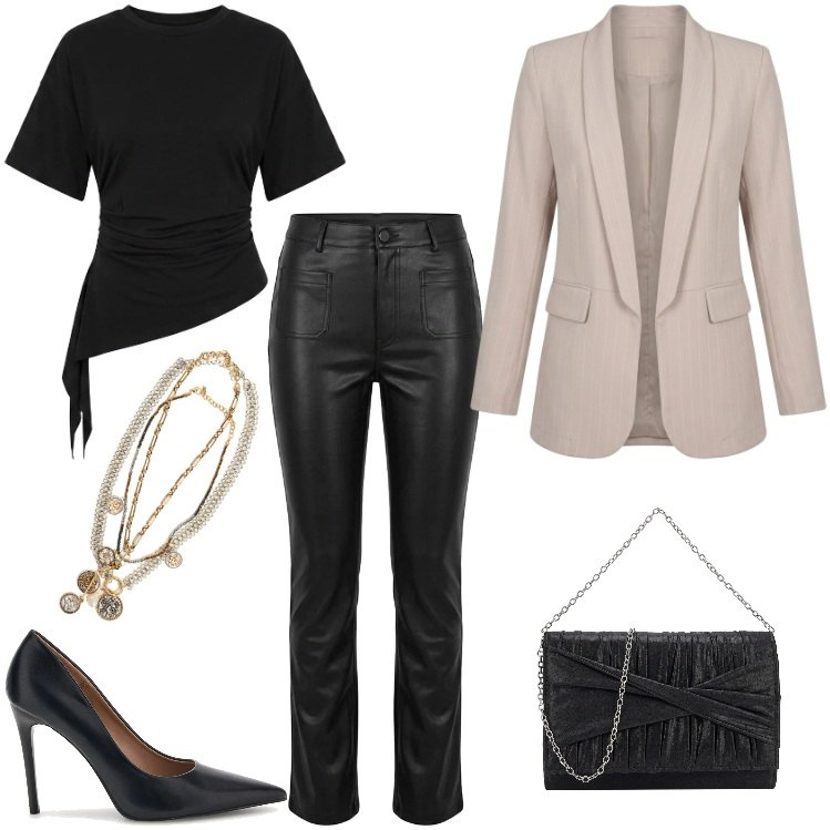 Outfit donna - Total look #2486666. Stile Sexy per Serata fuori. Abbinamento con pantaloni, maglieria, blazer, collane, borse a tracolla, décolleté.