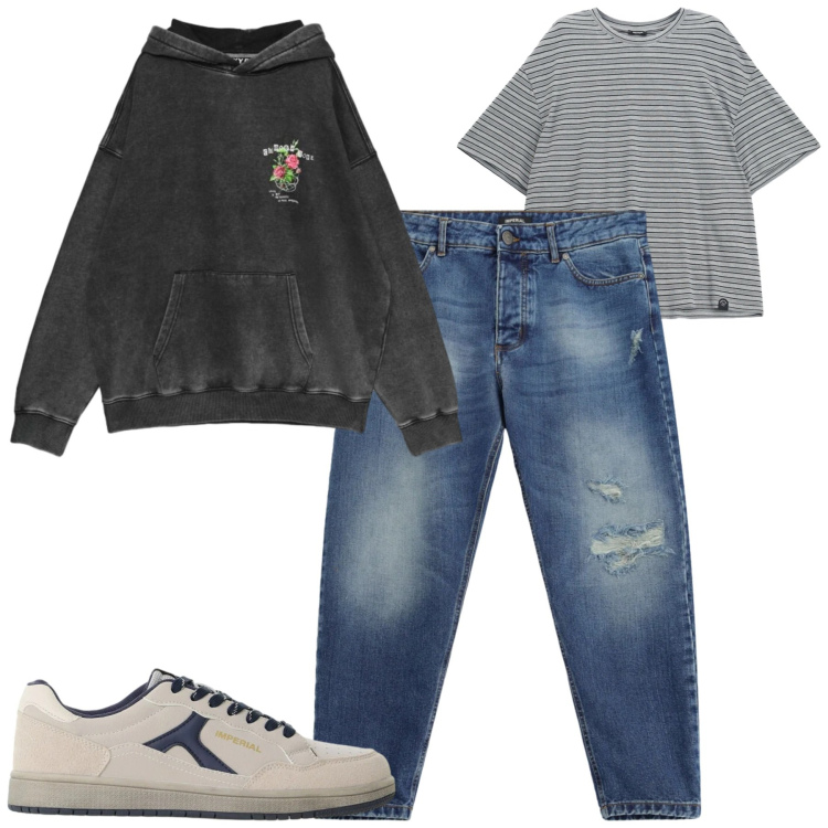 Outfit uomo - City. Stile Casual per Tutti i giorni. Abbinamento con t-shirt, jeans strappati, sneakers, felpe con cappuccio.