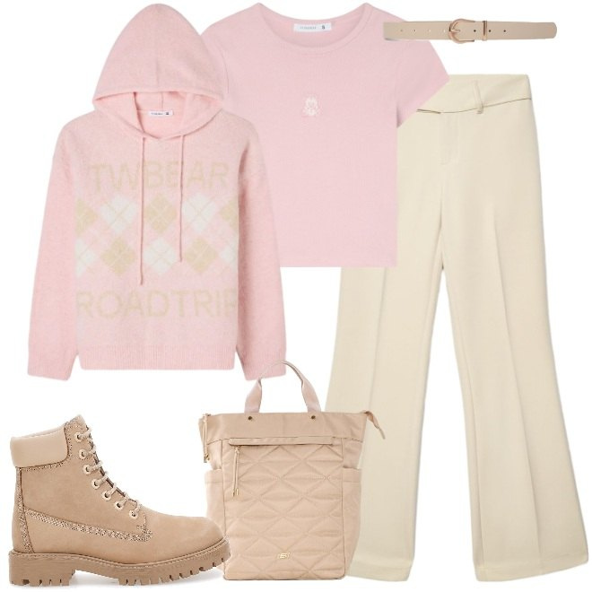 Outfit donna - Rosa e panna. Stile Casual per Scuola/Università. Abbinamento con pantaloni, felpe con cappuccio, cinture, t-shirt, stivaletti, zaini.