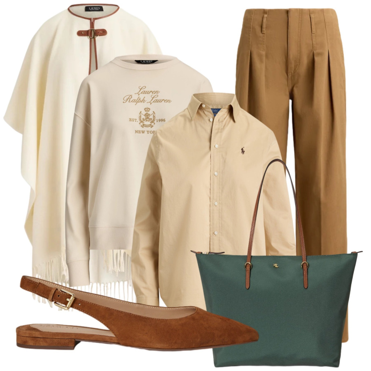 Outfit donna - Bon ton, comoda e sofisticata. Stile Bon Ton per Tutti i giorni. Abbinamento con cappe, pullovers, ballerine, pantaloni, borse tote, camicie.
