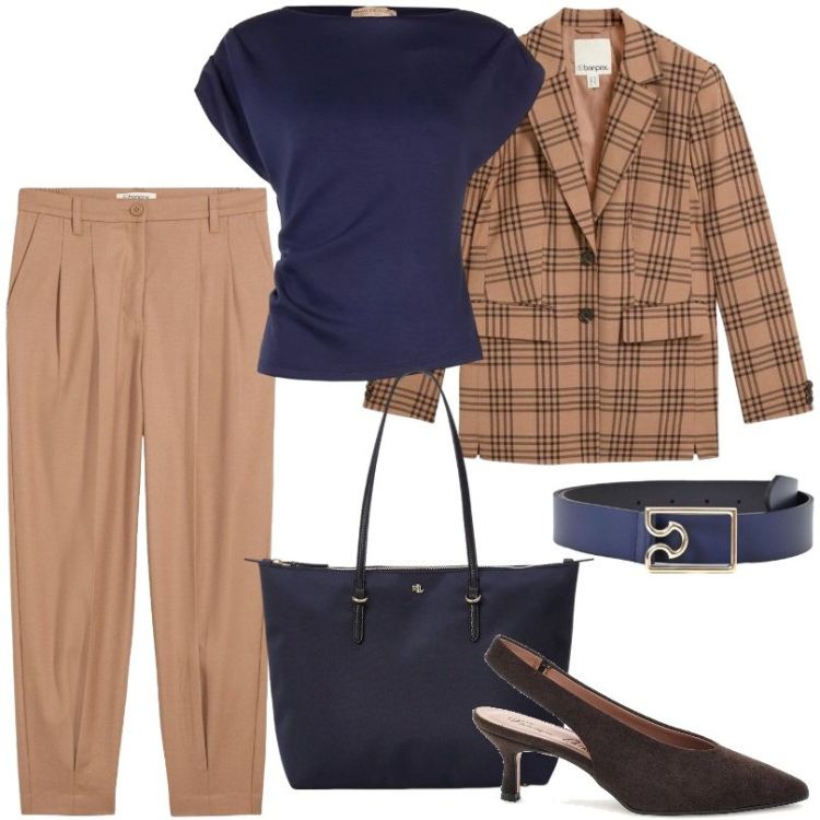 Outfit donna - Il blazer autunnale. Stile Casual chic per Ufficio. Abbinamento con borse tote, top, cinture, pantaloni, décolleté, blazer.