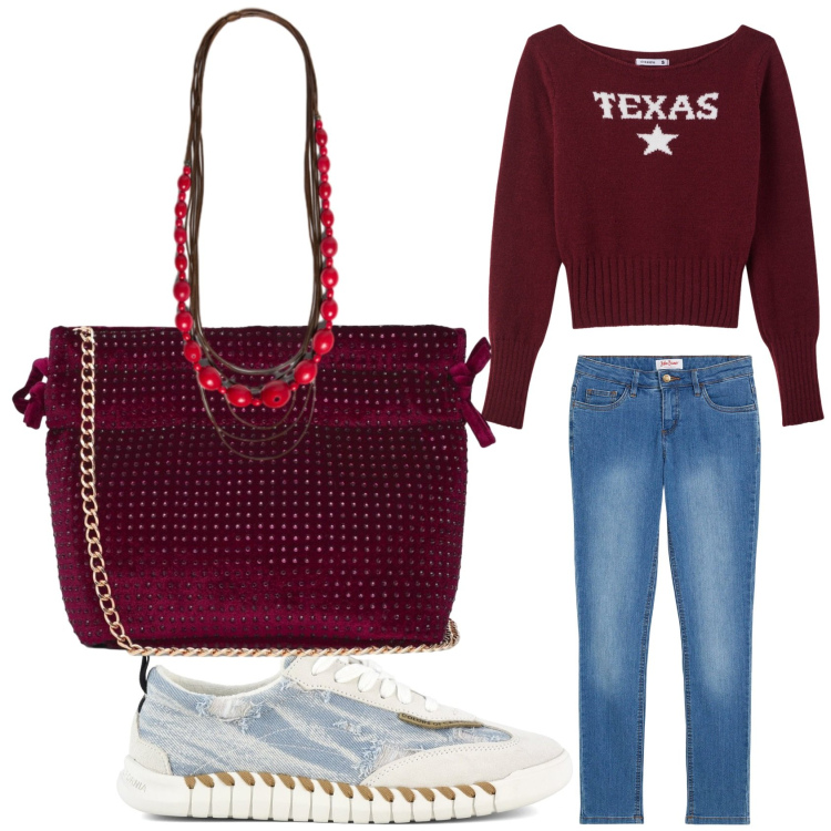 Outfit donna - Celeste e bordeaux. Stile Casual per Tutti i giorni. Abbinamento con collane, maglieria, borse a tracolla, sneakers, jeans skinny.