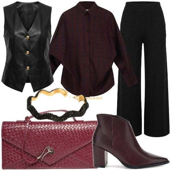 Outfit donna - pelle Soft. Stile Glamour per Serata fuori. Abbinamento con camicie, pantaloni a palazzo, gilet, collane, clutch, stivaletti.