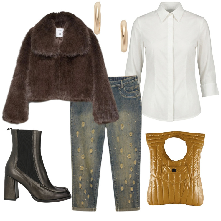 Outfit donna - Da mattina a sera. Stile Casual chic per Tutti i giorni. Abbinamento con jeans strappati, orecchini, camicie, borse a mano, stivaletti chelsea, blazer.