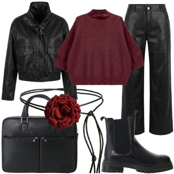 Outfit donna - Un dialogo tra texture tattili. Stile Casual chic per Serata fuori. Abbinamento con stivaletti chelsea, maglieria, borse messenger, bomber, cinture, pantaloni.