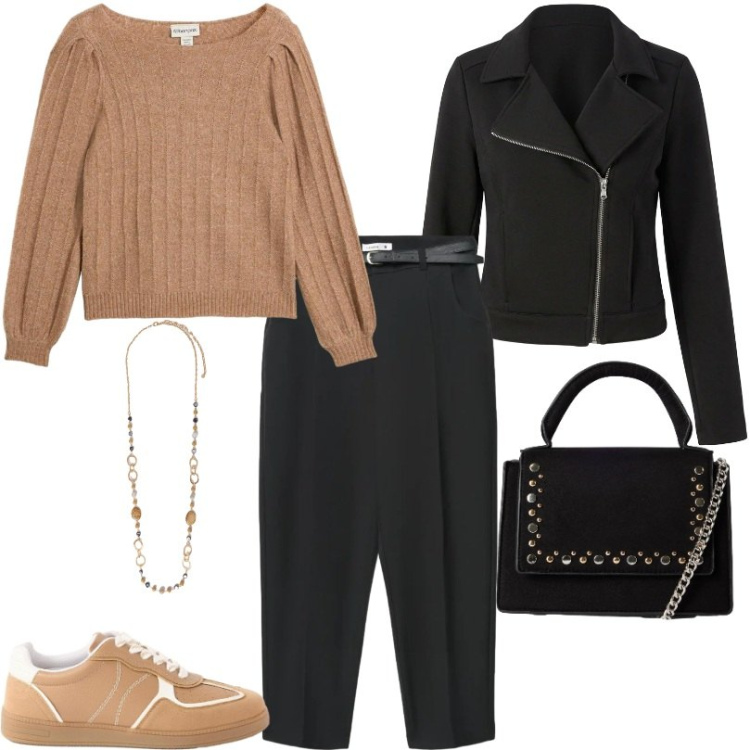 Outfit donna - Outfit da ufficio e tempo libero. Stile Casual per Ufficio. Abbinamento con collane, pantaloni chino, borse a tracolla, giacche, maglieria, sneakers.