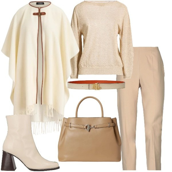 Outfit donna - Il poncho chiaro. Stile Trendy per Tutti i giorni. Abbinamento con cinture, borse a mano, cappe, stivaletti, pullovers, pantaloni.