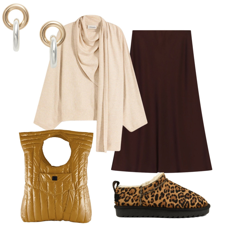 Outfit donna - In ufficio. Stile Chic per Ufficio. Abbinamento con gonne longuette, orecchini, borse a mano, maglieria, stivali.